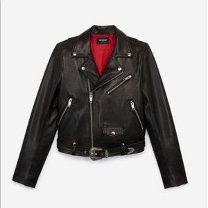Black leather moto jacket with tags.
